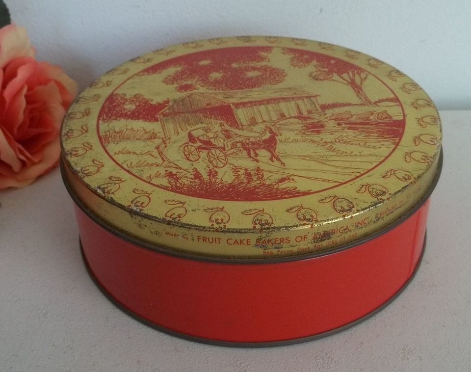   1970s Olive Can Chicago Fruit cake bakers of America red/gold tin box