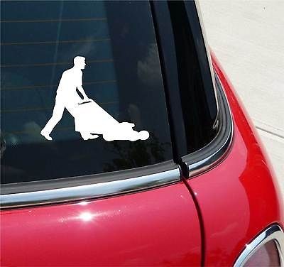 PUSH MOWER MAN LAWN GRASS LAWNMOWER GRAPHIC DECAL STICKER VINYL CAR 