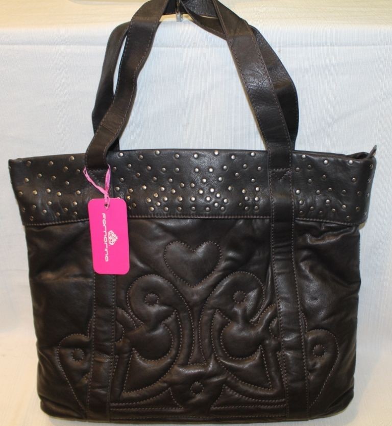 FORNARINA Crown Dark Brown 100% Leather X Large Shopping Handbag Bag 