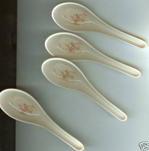 CHINESE SOUP SPOONS  BEIGE    GOLD ORCHID DESIGN