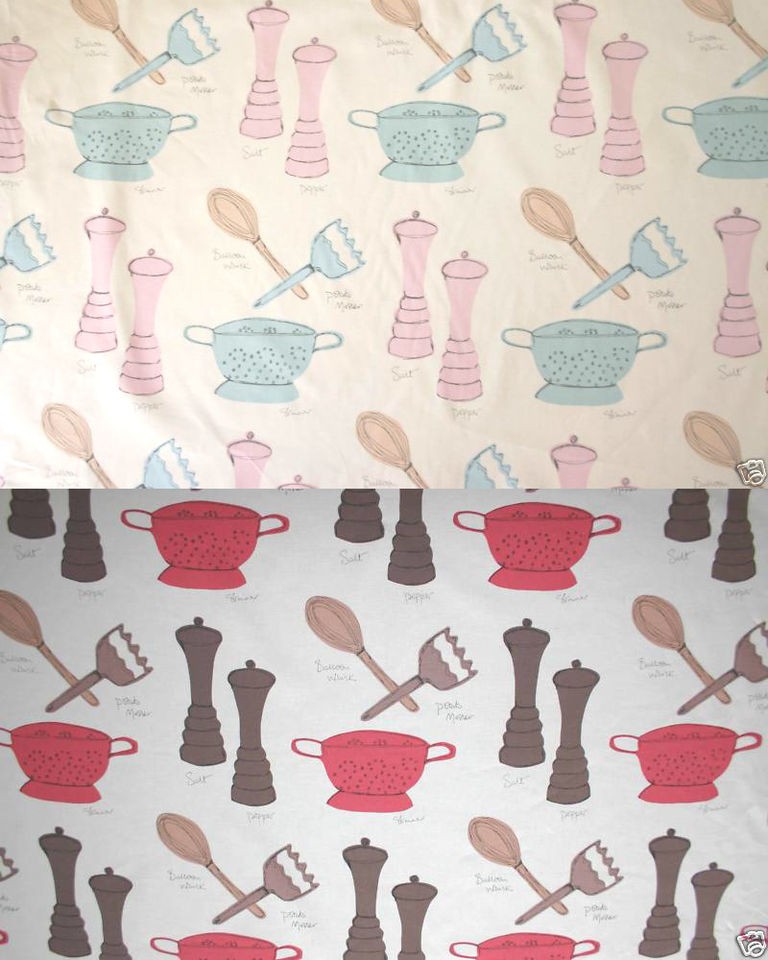 DESIGNER LARGE RETRO KITCHEN PRINT CURTAINS TABLECLOTH CUSHION CREAM 