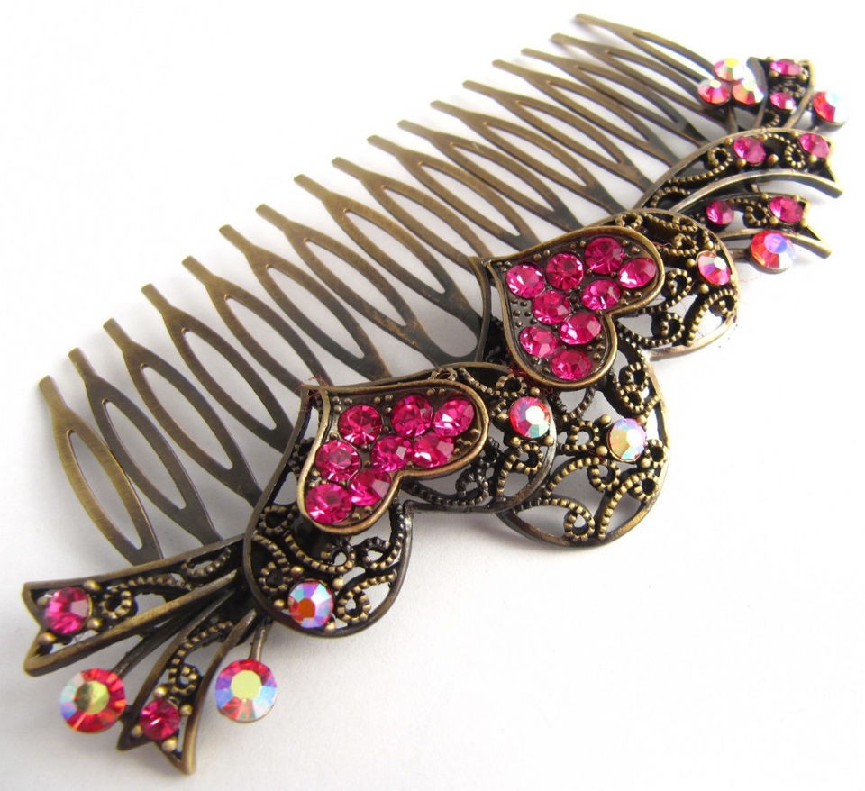   Hot Pink Austrian Crystal Valentines Love Heart Hair Comb Wedding