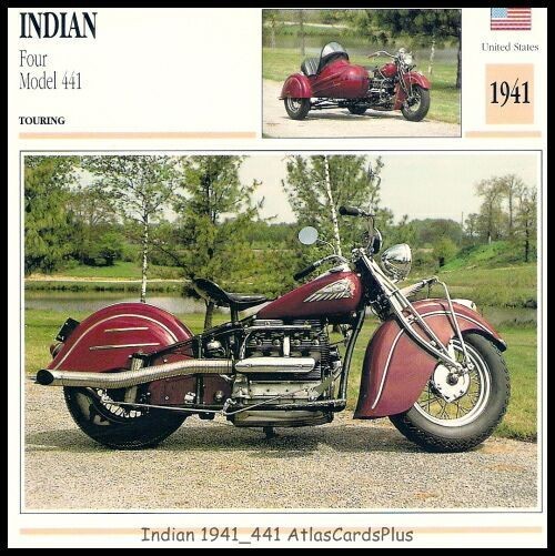 Motocycle Card 1941 Indian 441 1265 Inline 4 Sidecar