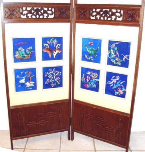 Vintage Japanese Room Divider Screen 2 Panel Embroider