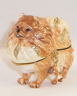   POMPOUS POMERANIAN PEWTER BEJEWELED HINGED TRINKET / JEWELRY BOX