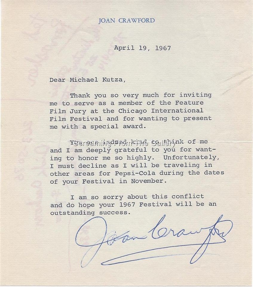 Joan Crawford Hand Signed Letter Autographed 1967 Hollywood Legend