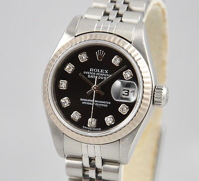 Rolex Ladies Datejust 18k Gold WG.SS 79174 Diamond Black Dial