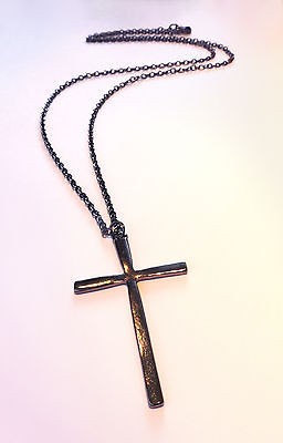 Large Antique Gunmetal Cross Necklace  Vintage Festival Jewellery Goth 