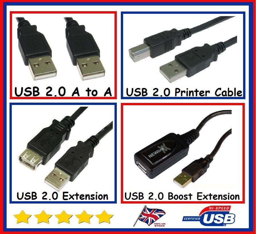 USB 2.0 Cable Lead Extension Printer 25cm 50cm 1m 2m 3m 5m 10m 15m 20m 