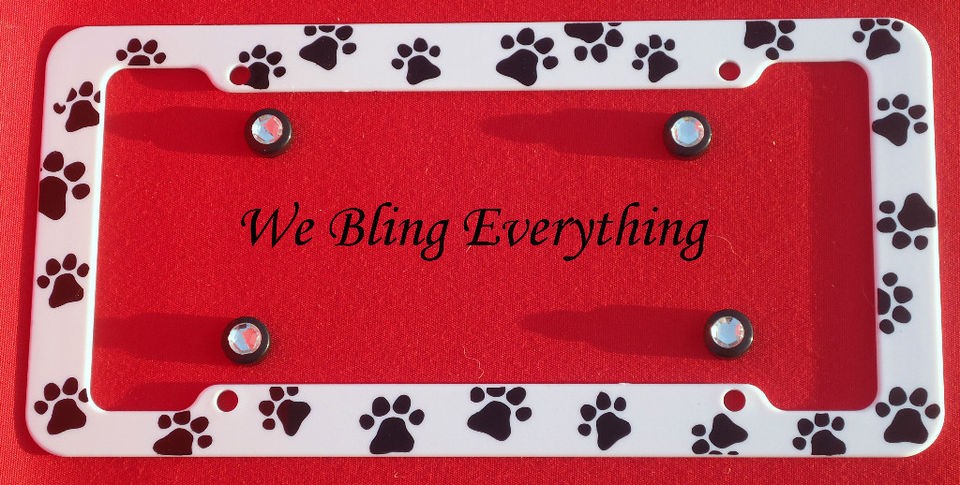 Paw Prints License Plate Frame w/BLING Rhinestone Caps