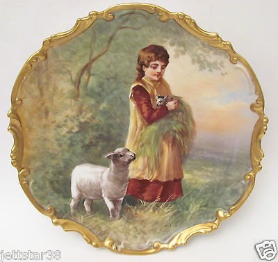 Antique Hand Painted Portrait Limoges Lamb Girl Rococo Charger Plate 