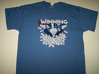 NWT MENS FRUIT OF THE LOOM TSHIRT MONOPOLY MONEY BANKER WINNING BLUE 