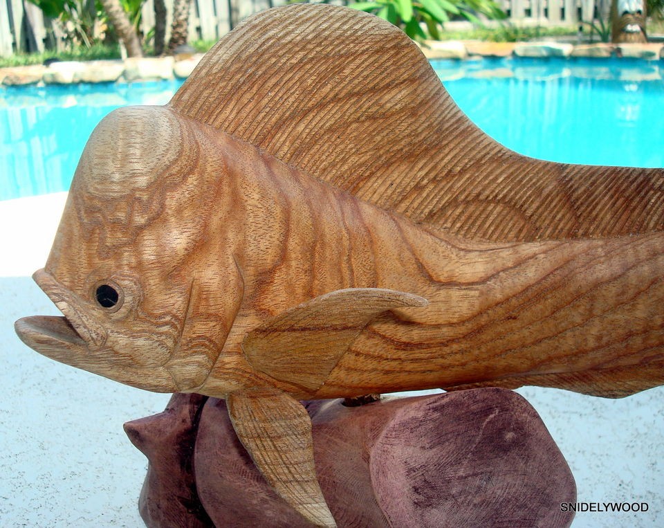 LIFE LIKE MAHI MAHI, DOLPHIN, WITH ROOT STAND SOLID WOOD FISH CARVING