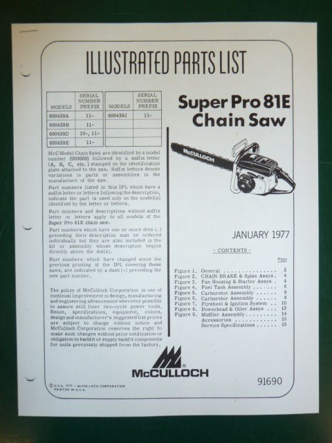 1977 McCULLOCH SUPER PRO 81E CHAIN SAW PARTS MANUAL