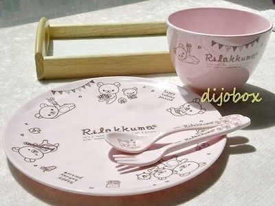 San X Rilakkuma Relax Bear Melamine Dinnerware set Bowl + Plate+ Fork 