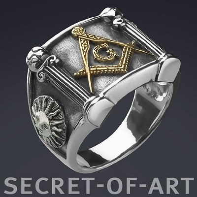 MASONIC MASON G AND PILLARS SILVER RING 24K GOLD PLATED