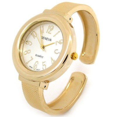 GOLD Geneva Mesh Style Band Large Dial Womens Bangle Cuff WATCH