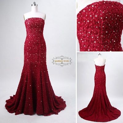 Elegant Real Picture Strapless Mermaid Shine Rhinestone Red Rose 