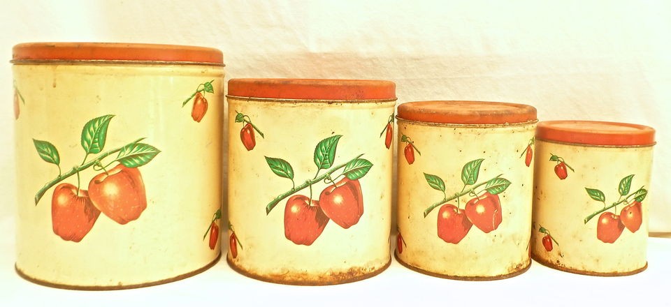 Vintage DECOWARE 4 piece Tin Metal Canister Set Retro Apples 