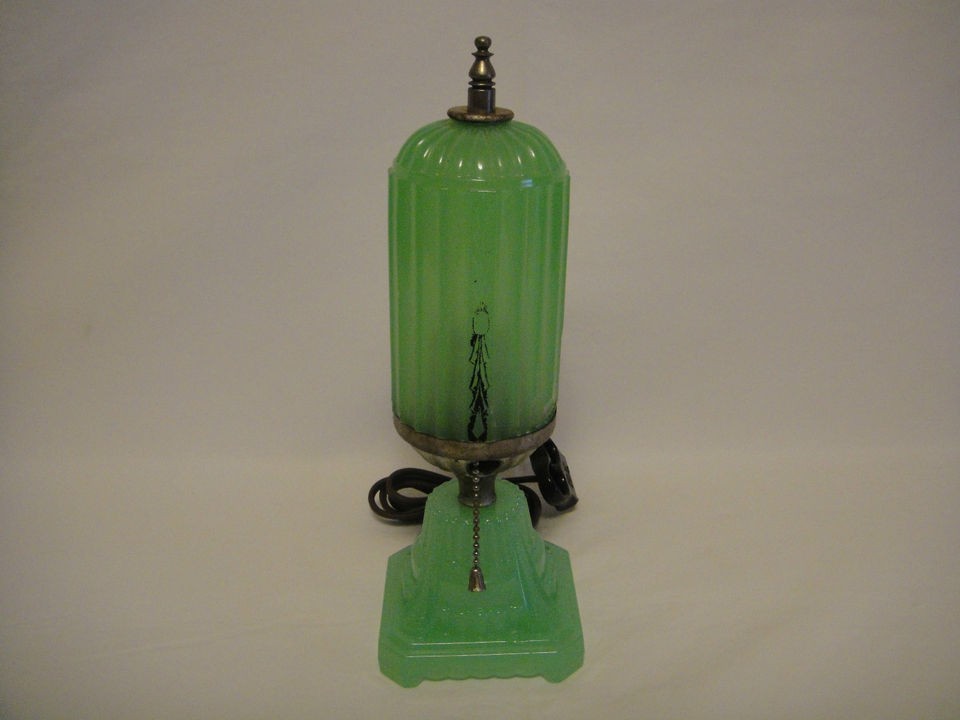 Vintage Art Deco Jadeite Bullet/Column Table Lamp Ornate Base Works 