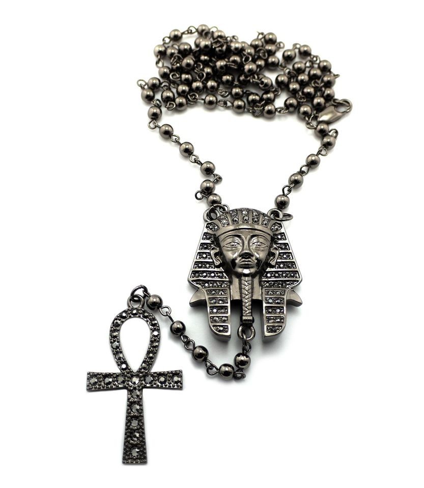   PHARAOH & ANKH CROSS PENDANT &5mm/36FRANCO CHAIN NECKLACE XC242