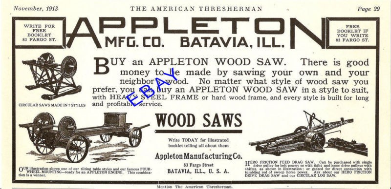 1913 APPLETON DRAG SAW CIRCULAR WOOD SAW AD BATAVIA IL