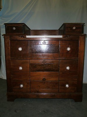 ANTIQUE DARK WOOD VANITY DRESSER CHEST OF DRAWERS MARBLE TOP GLASS 