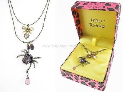 In Gift Box   Betsey Johnson Vintage Pink Pave Spider & Bow Layered 