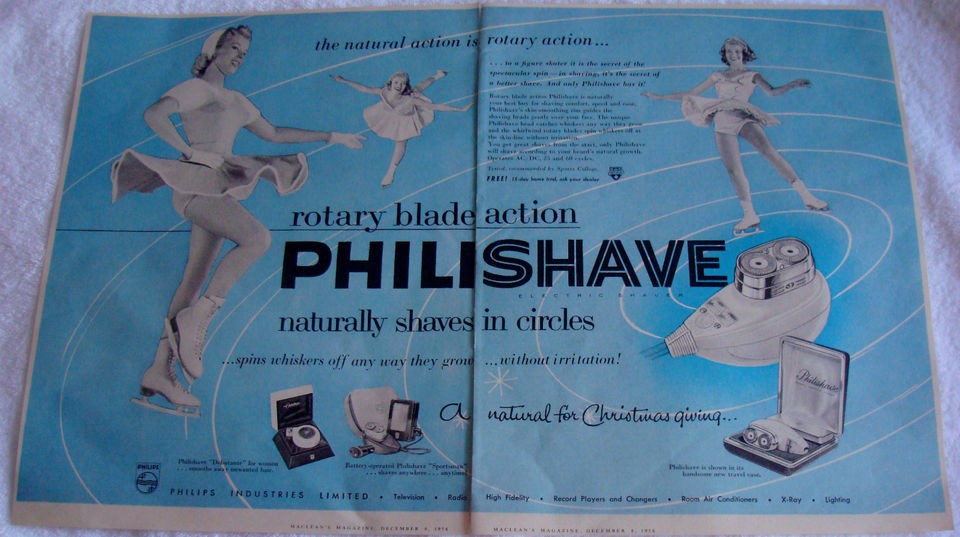 1956 PHILISHAVE ELECTRIC SHAVER FIGURE SKATING CHRISTMAS CANADA AD