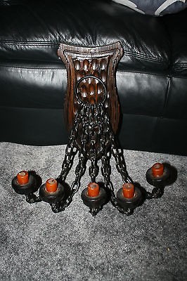 Brutalist Wall Candelabra Wood Metal Chain Goth Mid Century Vintage 