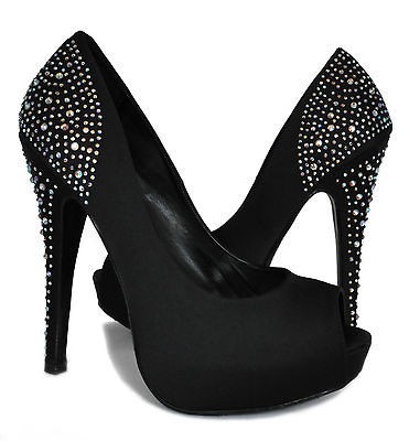 Black Satin Rhinestone Peep Toe Platform Pumps Delicious Joy