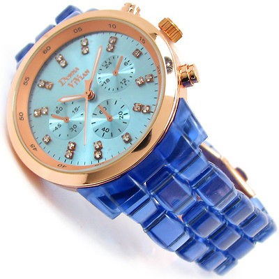   BLUE NEON ROSE/GOLD CHUNKY BRACELET FASHION WOMENS OVERSIZED WATCH