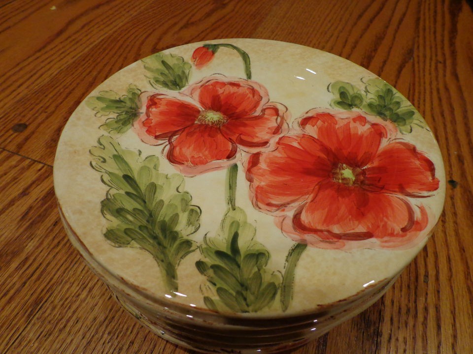 Set / 6 Maxcera Poppies 8 Round Salad Plates Wall Decor NEW