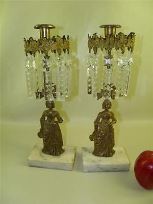 Antique Bronze Marble Crystal Prisms Figural Girandoles