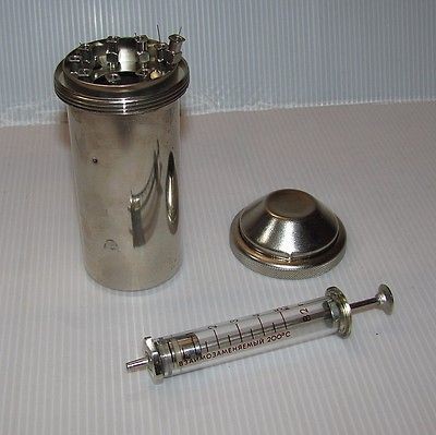 VINTAGE GLASS & METAL SYRINGE 5ml METAL BOXES THE STERILIZER