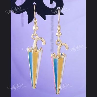 Pair Rainbow Enamel Umbrella Bead Ear Hook Earring Stud Fashion 