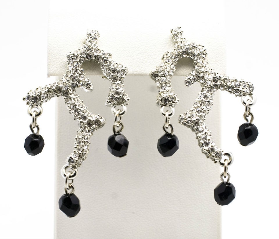   Lane Silvertone & Sim. Black Onyx Bead Coral Branch Clip on Earrings