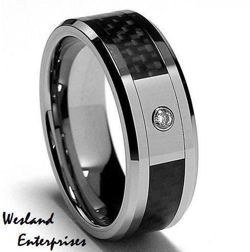   Carbon Fiber Tungsten Carbide Ring w/ Cubic Zirconia (CZ) Stone Inlay