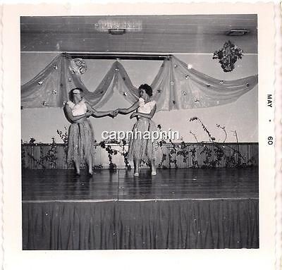   1960 Photo Two Grass Skirt Lei Hula Ladies Women Dancing On Stage