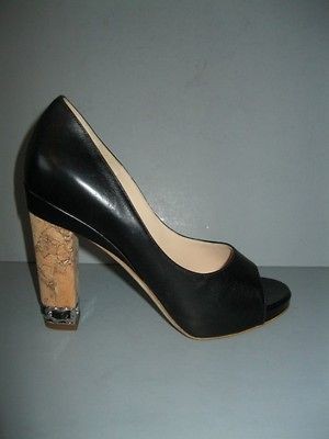   CHANEL NEW 37 CLASSIC BLACK LEATHER OPEN TOE CORK HEEL PUMPS HEELS NIB