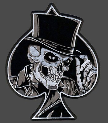 SKULL SPADE FLAT HAT EMBROIDERED 10 INCH BIKER PATCH