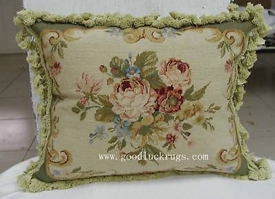   French Aubusson Design Roses Needlepoint Decorative Sofa Green Pillow