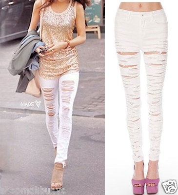   DESTROYED RIPPED HIGH WAISTED STRETCH Skinny Pencil Jeans Denim Pants