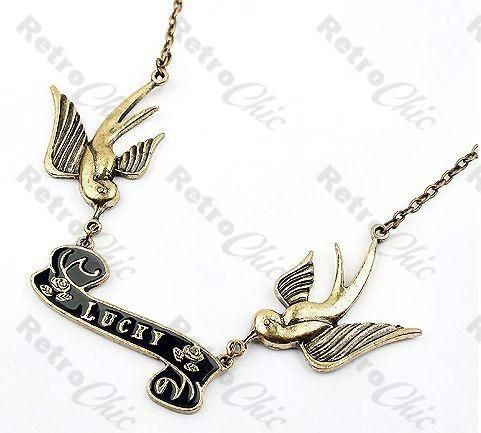 SWALLOW tattoo ROCKABILLY lucky VINTAGE brass BIRD NECKLACE birds ROCK 