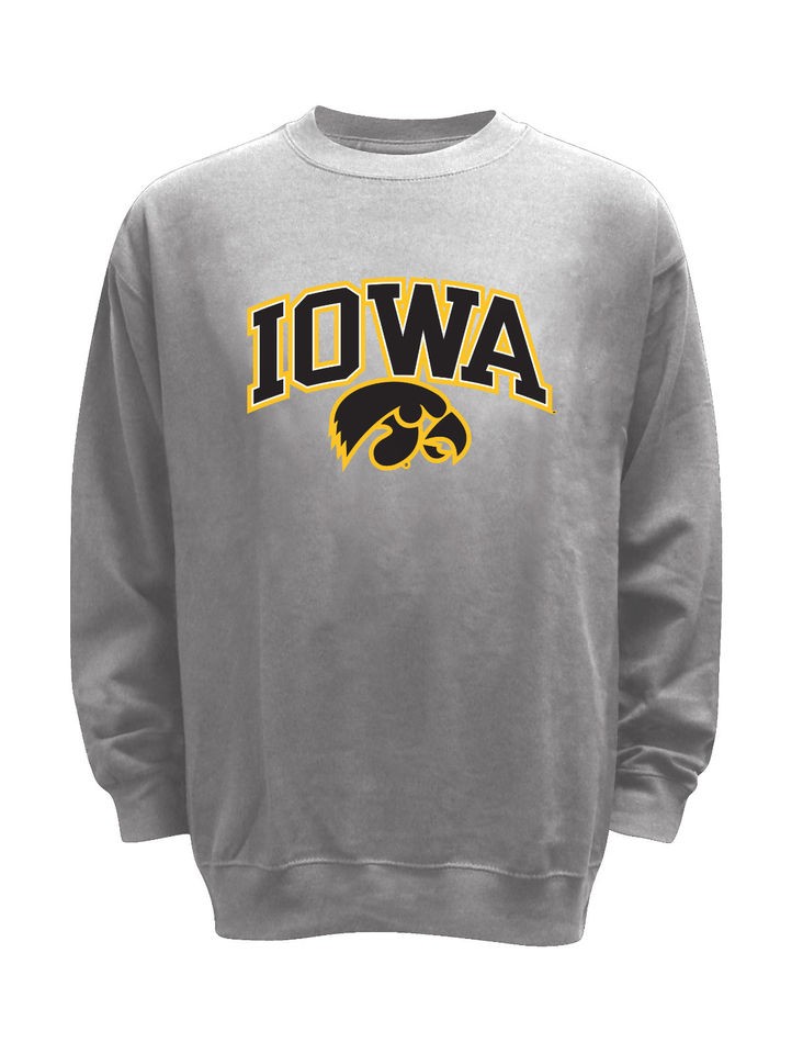 IOWA HAWKEYES GREY ADULT EMBROIDERED CREW SWEATSHIRT NEW