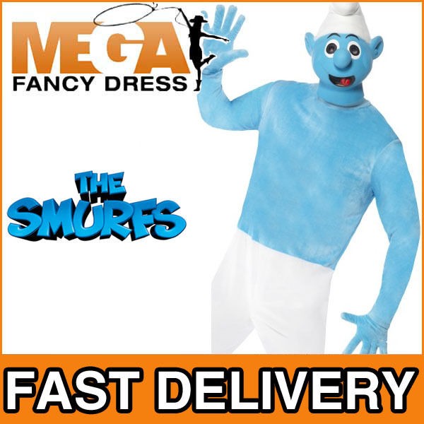 Deluxe Smurf Adult 80s Mens Fancy Dress Cartoon 1980s Costume + Mask 