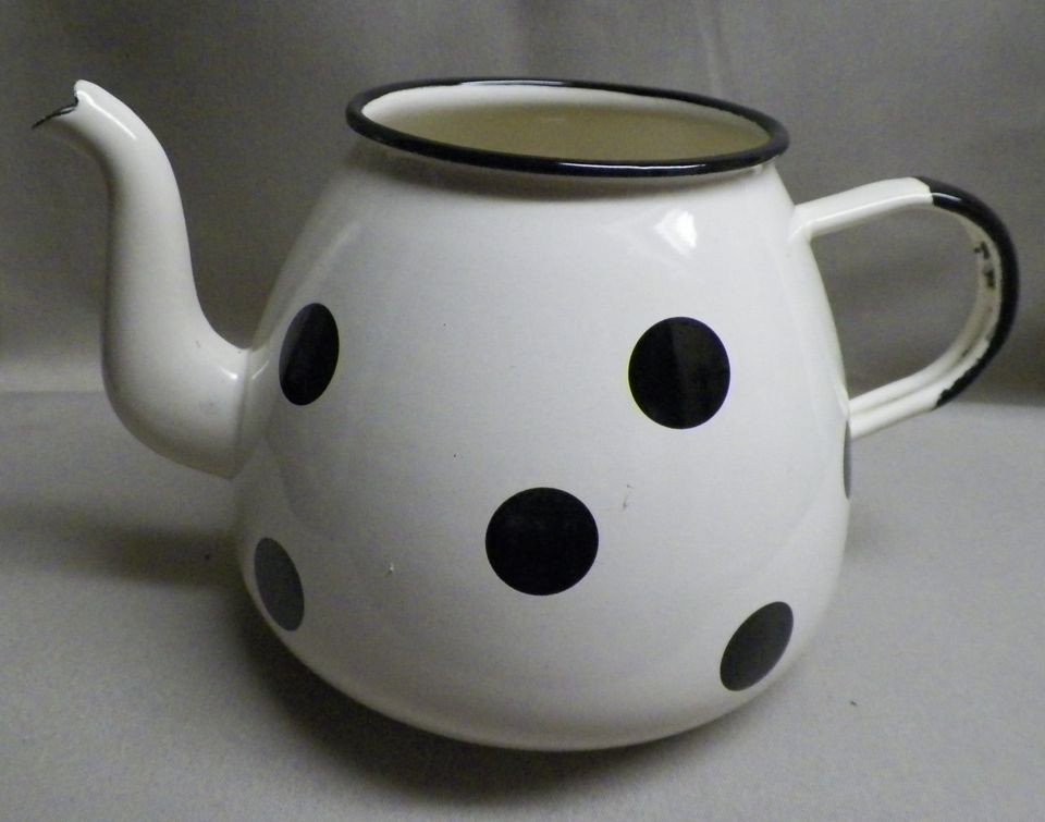 Art Deco OFF WHITE with Large BLACK DOTS TEA POT Porcelain Enamelware 