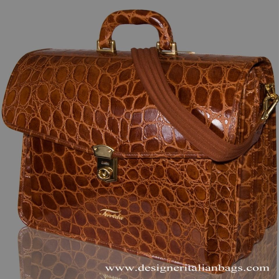 TERRIDA Italian DESIGNER PASHA CARAMEL CROC LEATHER ATTORNEY BRIEFCASE