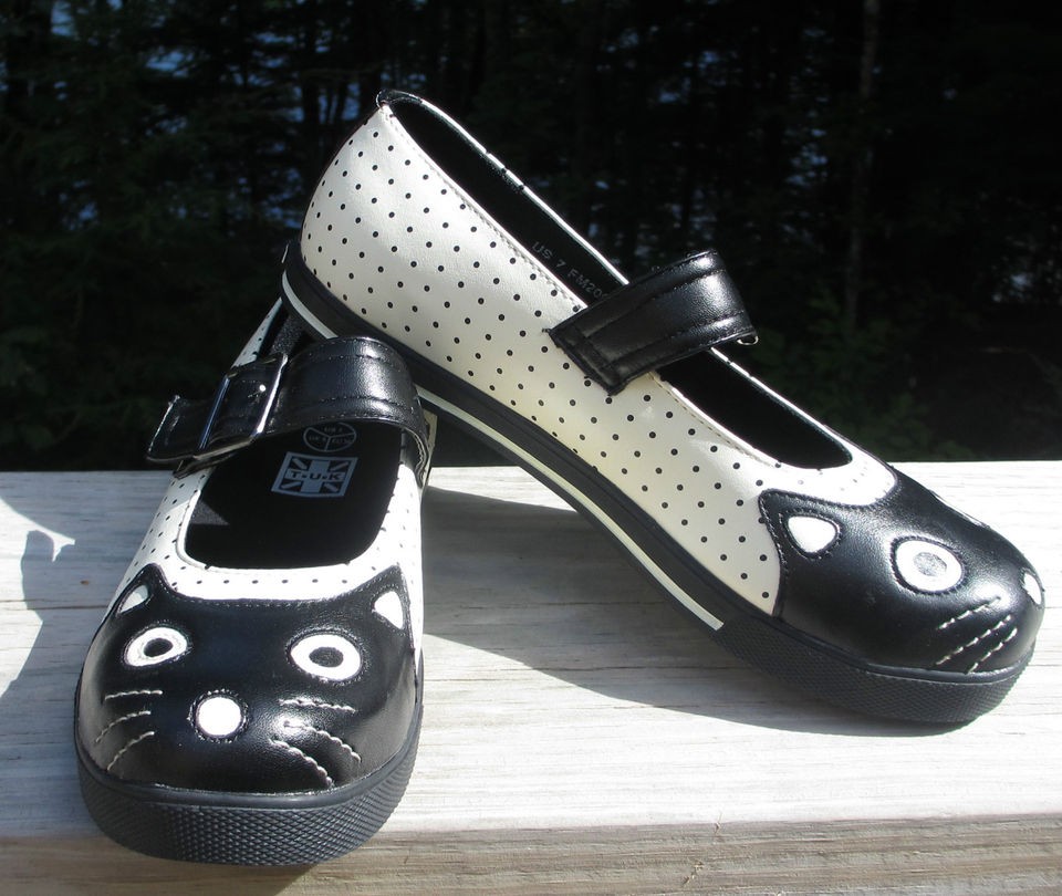 TUK 5 6 7 8 9 10 11 Cream Black Pin Dot Kitty MARY JANE Thin Plimsoll 