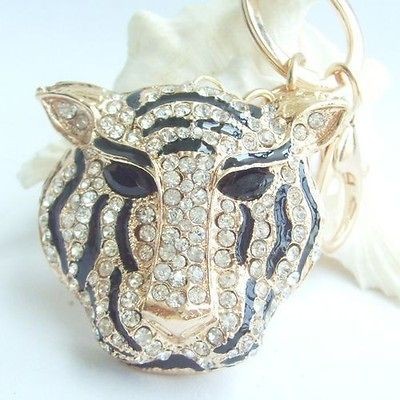 Purse Charming Unique Tiger Key Chain w Clear Rhinestone Crystals 